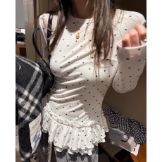 批发韩国东大门减龄可爱少女爱心<b class='q'>印花</b>拼接荷叶花边修身打底衫磨毛T恤