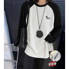 批发25冬季韩版插肩袖腊肠小狗加绒长袖T恤女宽松休闲<b class='q'>打底衫</b>内搭上衣
