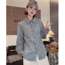 批发蓝色格子<b class='q'>长袖</b><b class='q'>衬衫女</b>款2025新款秋冬打底内搭叠穿宽松慵懒风上衣女