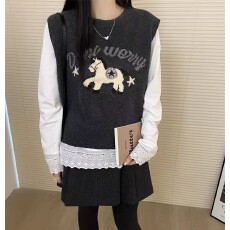 批发2026春季新款韩版卡通小马提花针织背心+<b class='q'>镂空</b>花边长袖T恤女两件套