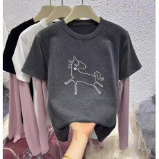 批发<b class='q'>欧洲站</b>2026春季<b class='q'>新款</b>韩版时尚圆领宽松显瘦百搭长袖假两件卡通T恤