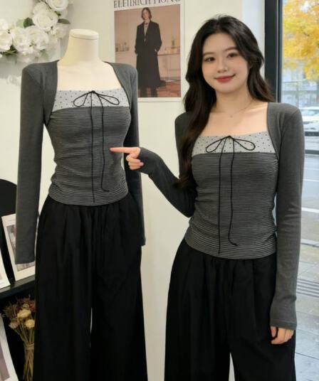 작은 키 핫걸 외국 가스 페이크 레이어드 도트 무늬 배색 스트라이프 긴팔 티셔츠 여성 26 봄 몸매 가꾸기 광장 칼라 맨위
