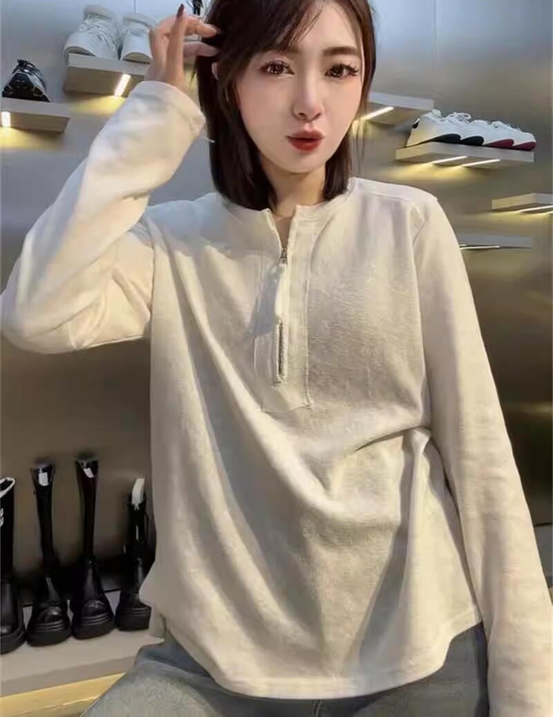 하프 지퍼 한국 스타일 고급 연령 감소 긴팔 티셔츠 여성 2026 봄 새로운 미니멀리즘 패션 기본 셔츠 맨위 서비스