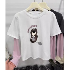 批发2026春季新款小熊印花长袖内搭t恤女韩系设计感假两件拼袖上<b class='q'>衣服</b>