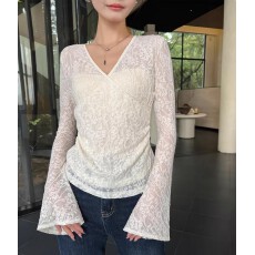 批发米白色打底衫女蕾丝衫2026春季新款<b class='q'>喇叭袖</b>交叉v领内搭长袖t恤上衣