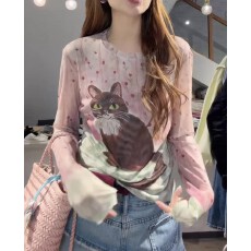 批发高级感印花网纱长袖t恤女士夏季2026新款<b class='q'>空调</b>防晒罩<b class='q'>衫</b>上衣打底<b class='q'>衫</b>