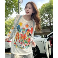 批发高级感涂鸦印花宽松薄款长袖<b class='q'>T</b><b class='q'>恤</b>女夏季休闲别致百搭上衣防晒罩衫