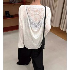 批发设计感蕾丝拼接露背长袖T恤女夏薄款宽松中<b class='q'>长款</b>慵懒防晒罩衫上衣