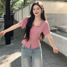 批发套头针织<b class='q'>打底衫</b>女薄款2026夏季新款短袖高级感V领修身T恤女上衣