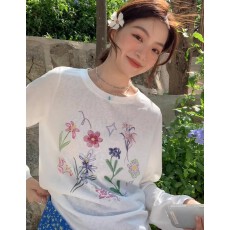 批发白色花朵印花<b class='q'>长袖</b>防晒<b class='q'>T</b><b class='q'>恤</b>女夏季雪花棉微透外搭薄纱空调罩衫上衣