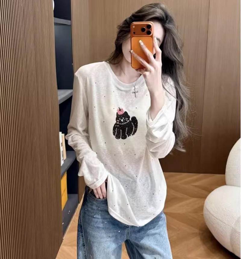 웨이 눈 같은 단락 주간 실크 코튼 라운드 넥 무거운 작업 뜨거운 색상 훈련 귀여운 고양이 긴팔 티셔츠 여성 느긋한 자외선 차단 기본 셔츠
