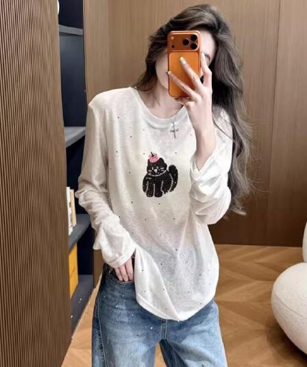 웨이 눈 같은 단락 주간 실크 코튼 라운드 넥 무거운 작업 뜨거운 색상 훈련 귀여운 고양이 긴팔 티셔츠 여성 느긋한 자외선 차단 기본 셔츠