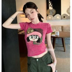 批发2026夏季新款韩版重工印花扎染圆领短袖T恤女修身短款洋气上衣潮