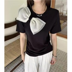 批发黑色蝴蝶结拼接短袖T恤女欧洲站2026夏季新款洋气高级感休闲上衣