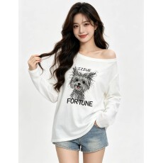 批发韩系慵懒风小狗印花<b class='q'>一字肩</b>长袖防晒衫T恤女夏季休闲减龄ins空调衫