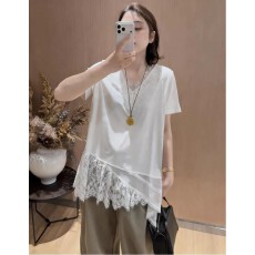 批发v领蕾丝拼接短袖女t恤宽松内搭<b class='q'>打底衫</b>不规则上衣设计感2026新款