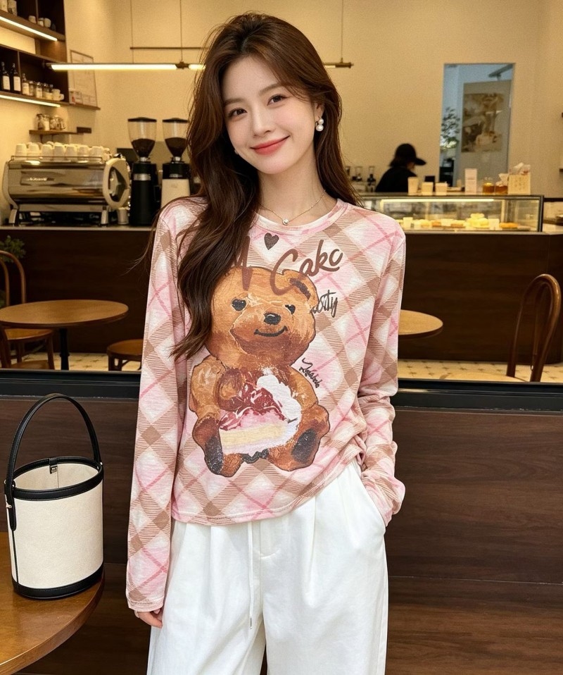 한 부서 달콤함 귀여운 작은 곰 프린트 주간 실크 자외선 차단 긴팔 티셔츠 여성 여름 얇고 가벼운 마이크로 ~을 통해 분위기 센스 맨위