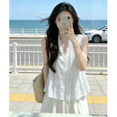 批发设计感重工压褶镂空<b class='q'>蕾丝</b>拼接衬衫女夏季V领减龄小飞袖娃娃衫上衣