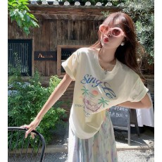 批发曾小咸 韩系海边假日印花短袖T恤女2026夏季新款宽松百搭休闲上衣