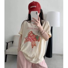 批发草莓印花短袖t恤女2026新款夏季韩系慵懒风宽松休闲显瘦上衣ins