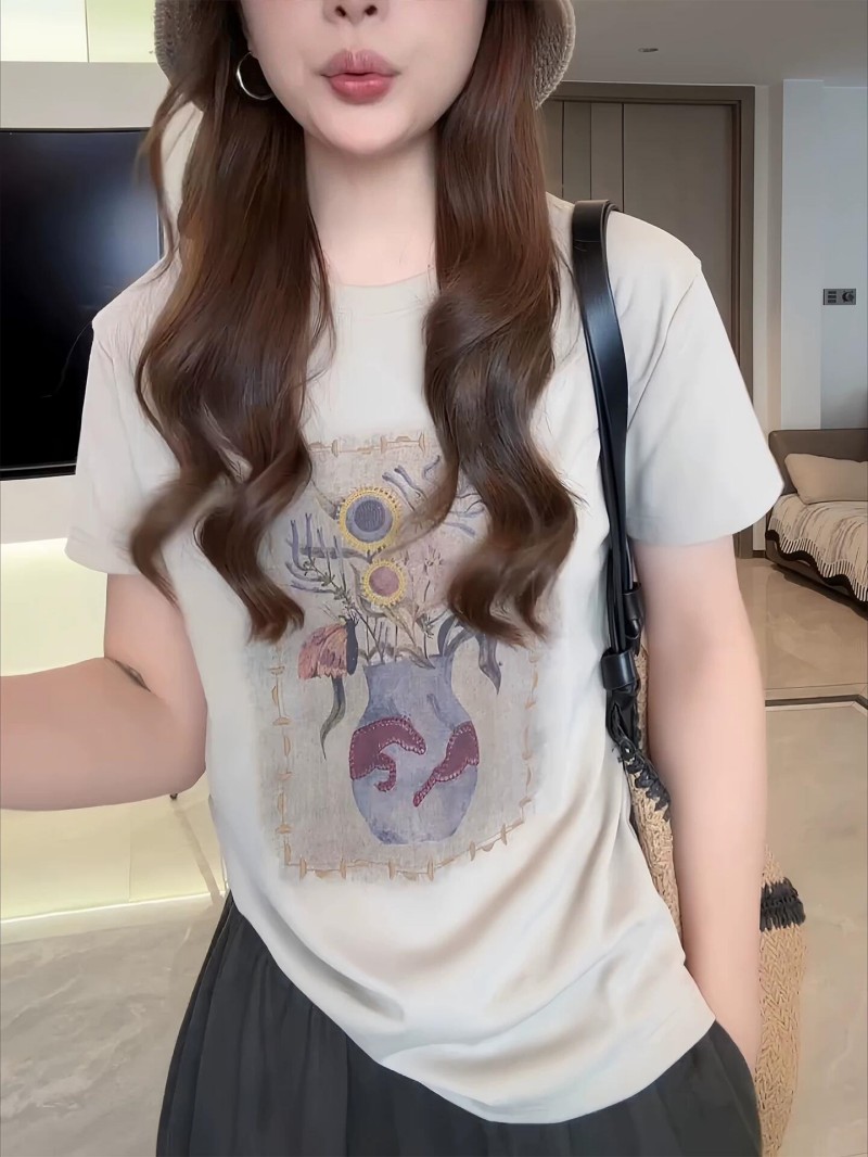Annan 새로운 레트로 캐주얼 고유 한 루즈핏 슬림해 보이는 풀오버 맨위 여성 디자인 센스 라운드 넥 꽃병 반팔 티셔츠
