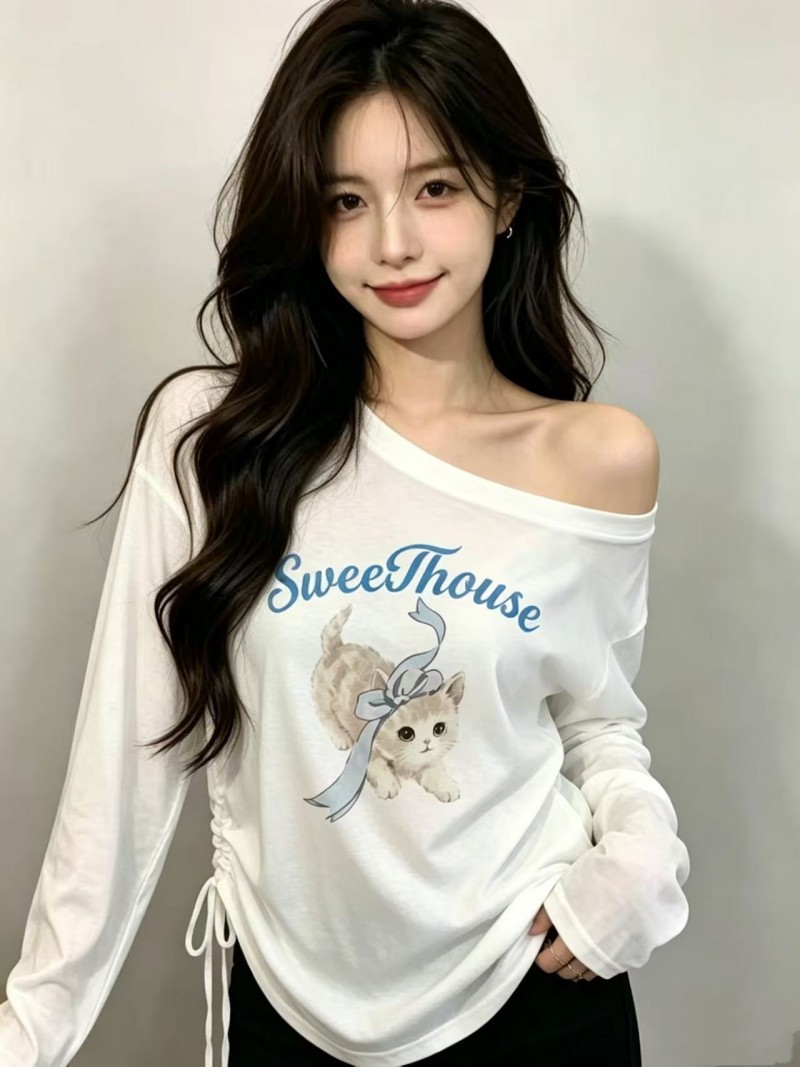 귀여운 바람 새끼 고양이 프린트 긴팔 티셔츠 화이트 루즈핏 느긋한 자외선 차단 블라우스 여성 외부 가져 가라. 펌프 로프 얇은 스타일 맨위