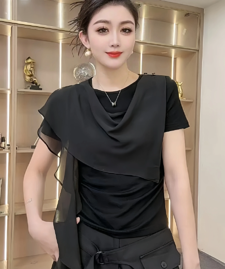 프랑스식 고유 한 아름다운 불규칙 리본 반팔 티셔츠 여성 2026 여름 새로운 작은 대중 디자인 부드러운 맨위