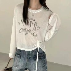 批发圆领长袖侧身抽绳字母薄款微透防晒上衣女2026夏季新款休闲T恤女