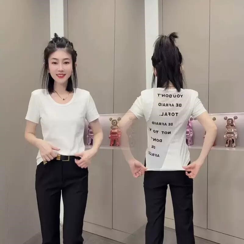 뒤로 망사 알파벳 프린트 핫걸 몸매 가꾸기 반팔 티셔츠 여성 여름 다용도 Chic 긍정적 인 어깨 슬림해 보이는 맨위 트렌디