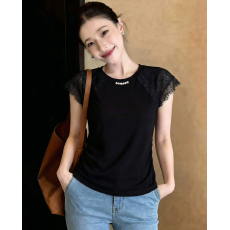 批发蕾丝拼接短袖T恤女2026夏季百搭小飞袖圆领钉珠洋气<b class='q'>小衫</b>气质上衣