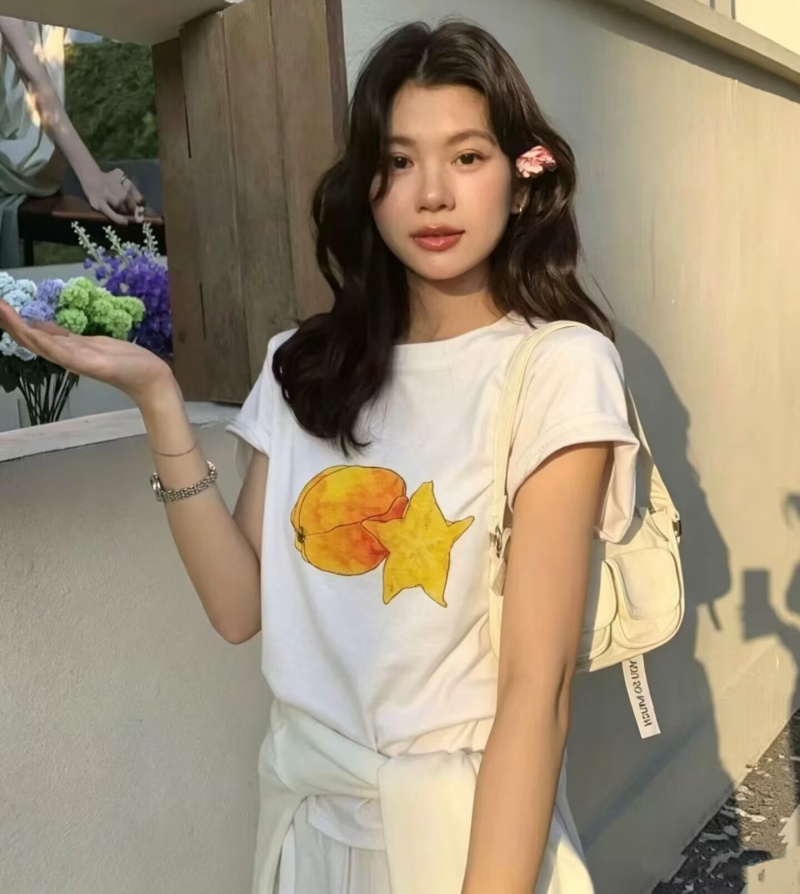 한국 스타일 여름 도파민 바람 카람 볼라 프린트 반팔 티셔츠 여성 여름 드레스 라운드 넥 슬림해 보이는 연령 감소 다용도 맨위