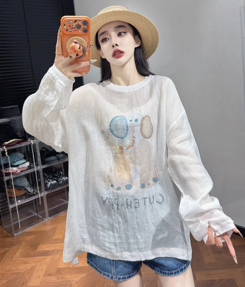 유럽 상품 2026 여름 새로운 높은 품질 태양 보호 셔츠 면 린넨 티셔츠 여성 루즈핏 다용도 라운드 넥 캐주얼 프린트 맨위