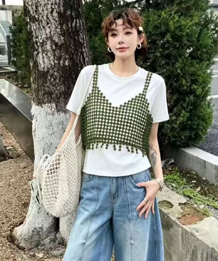 2026 여름 새로운 한국 스타일 패션 라운드 넥 반팔 티셔츠 여성 홀로우 아웃 슬립 슬림해 보이는 다용도 투피스 세트 맨위