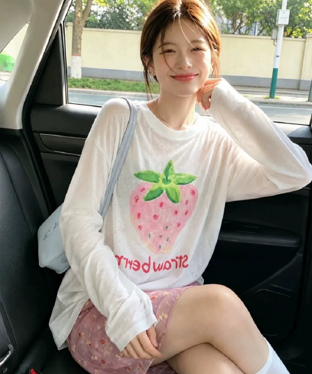 딸기 프린트 자외선 차단 티셔츠 여성 얇은 스타일 통기성 루즈핏 느긋한 바람 긴팔 블라우스 얇은 스타일 달콤함 동정 맨위