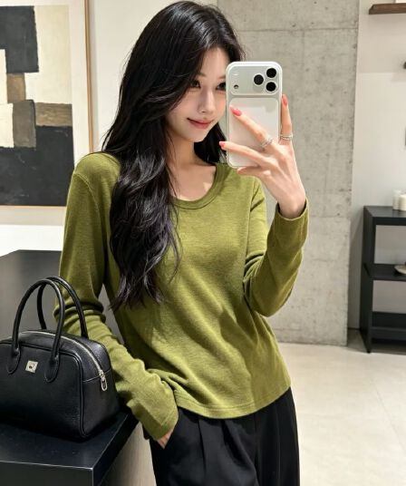 눈꽃 양모 u 칼라 신축성 긴팔 티셔츠 여성 26 가을 겨울 인사이드 가져 가라. 부드러운 찹쌀 기타 색상 기본 셔츠 트렌드 긍정적 인 어깨 의류