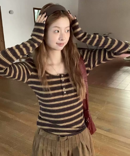 한 부서 chic Chic 작은 맨위 여성 이른 가을 디자인 센스 작은 대중 배색 스트라이프 슬림해 보이는 긴팔 티셔츠 기본 셔츠