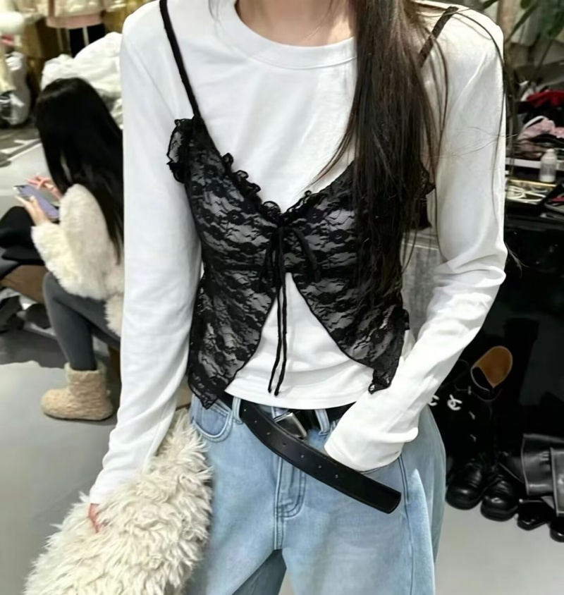 秋季新款韩版气质圆领长袖T恤拼...