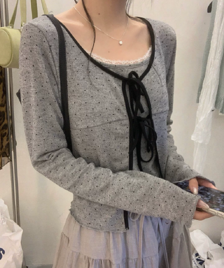한 부서 달콤함 레이스 조각 인사이드 가져 가라. 캐미솔 도트 무늬 레이스업 긴팔 오픈 가디건 여성 가을 2026 투피스 세트