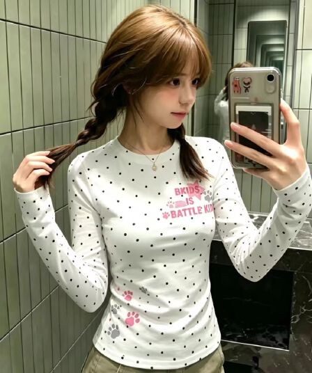 아메리칸 도파민 도트 무늬 긴팔 티셔츠 여성 2026 가을 새로운 디자인 센스 작은 대중 몸매 가꾸기 쇼트 스타일 맨위 트렌디