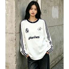 批发<b class='q'>秋装</b>美式复古学院风字母印花撞色条纹长袖T恤女宽松百搭减龄上衣