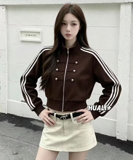 레트로 스탠드 칼라 3개 바 긴팔 후드티 여성 코트 2026 가을 새로운 지퍼 오픈 가디건 자켓 짧은 맨위