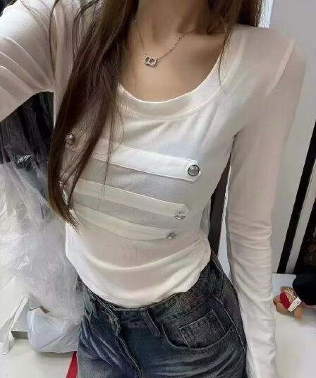 2826 이른 가을 새로운 u 칼라 긍정적 인 어깨 긴팔 티셔츠 여성 인사이드 가져 가라. 한 부서 착용 가져 가라. 몸매 가꾸기 디자인 센스 슬림해 보이는 맨위