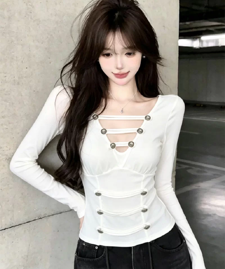 순수한 욕망 섹시함 V넥 몸매 가꾸기 기본 셔츠 여성 디자인 센스 슬림해 보이는 긴팔 티셔츠 가을 품격 고유 한 인사이드 잡아라. 의류