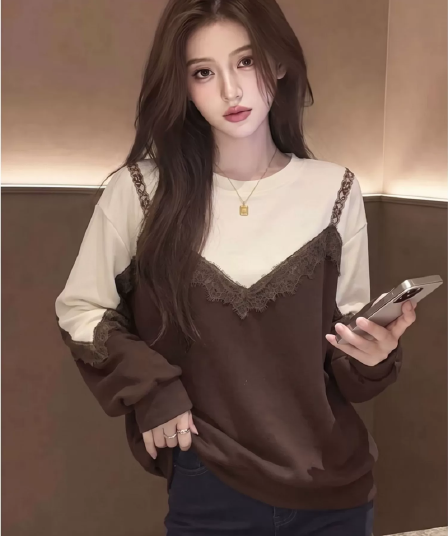 레이스 레이스 패치워크 페이크 레이어드 긴팔 라운드 넥 후드티 여성 2026 가을 빅 사이즈 루즈핏 슬림해 보이는 연령 감소 맨위