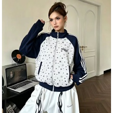 批发美式复古星星印花条纹拼色立领卫衣外套<b class='q'>女</b>26秋冬新款宽松学生<b class='q'>开衫</b>