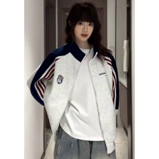 批发美式复古撞色条纹徽章字母立领卫衣外套<b class='q'>女</b>秋冬学院风<b class='q'>开衫</b>夹克上衣