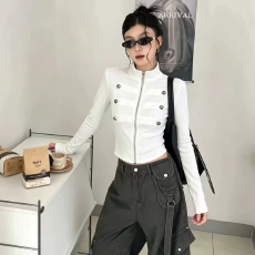 批发复古风双排扣拉链短开衫<b class='q'>T</b><b class='q'>恤</b>女修身显瘦百搭法式立领设计感上衣潮