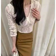批发2026秋冬新款韩版性感时尚加绒V领长袖蕾丝打底衫女修身显瘦上衣