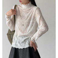 批发米白色蕾丝提花半高领长袖T恤女秋季韩系复古感修身百搭打底上衣