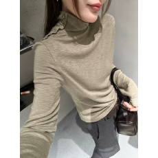 批发韩系2026秋冬高领纽扣长袖打底衫女时髦洋气显瘦内搭加绒T恤上衣